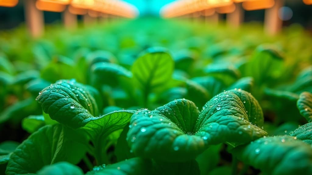 Healthy leafy greens growing under hydroponic LED lights