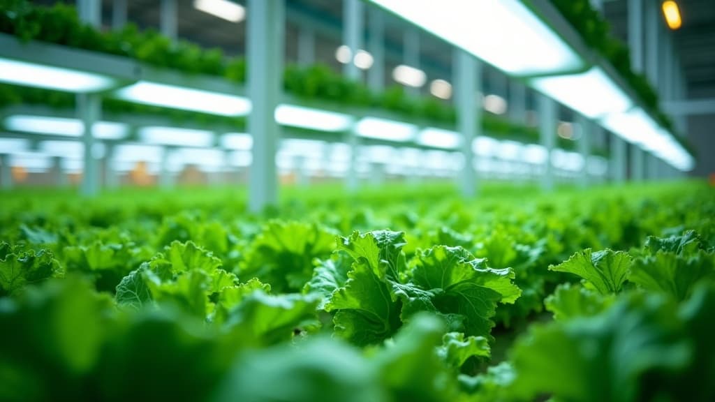 Indoor hydroponic farm with leafy green crops on clean white grow racks under soft LED glow